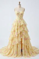 Laden Sie das Bild in den Galerie-Viewer, Gelbe Spaghettiträger Ein Korsett-Floral-Abschlussballkleid mit Rüschen