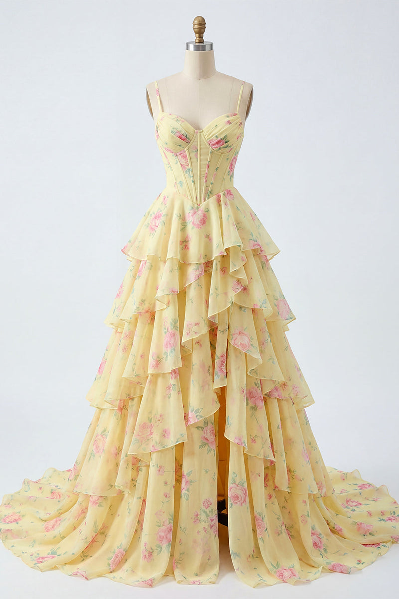 Laden Sie das Bild in den Galerie-Viewer, Gelbe Spaghettiträger Ein Korsett-Floral-Abschlussballkleid mit Rüschen