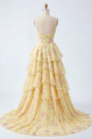 Laden Sie das Bild in den Galerie-Viewer, Gelbe Spaghettiträger Ein Korsett-Floral-Abschlussballkleid mit Rüschen