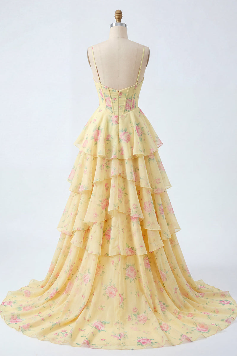 Laden Sie das Bild in den Galerie-Viewer, Gelbe Spaghettiträger Ein Korsett-Floral-Abschlussballkleid mit Rüschen