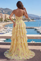 Laden Sie das Bild in den Galerie-Viewer, Gelbe Spaghettiträger Ein Korsett-Floral-Abschlussballkleid mit Rüschen