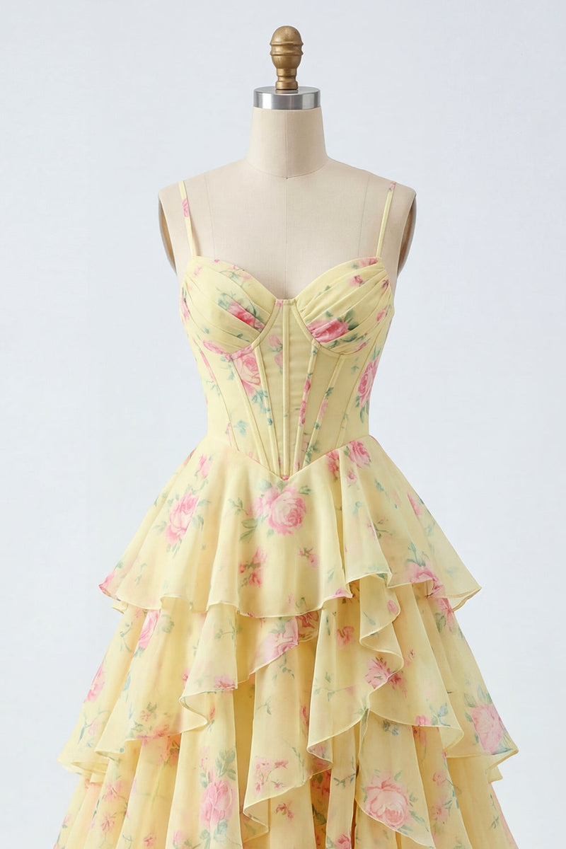 Laden Sie das Bild in den Galerie-Viewer, Gelbe Spaghettiträger Ein Korsett-Floral-Abschlussballkleid mit Rüschen
