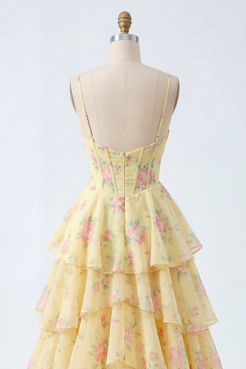 Laden Sie das Bild in den Galerie-Viewer, Gelbe Spaghettiträger Ein Korsett-Floral-Abschlussballkleid mit Rüschen