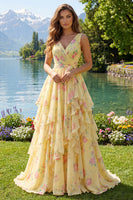 Laden Sie das Bild in den Galerie-Viewer, Gelbes Geblümtes V-Ausschnitt Langes Abschlussballkleid mit Rüschen und Schleife