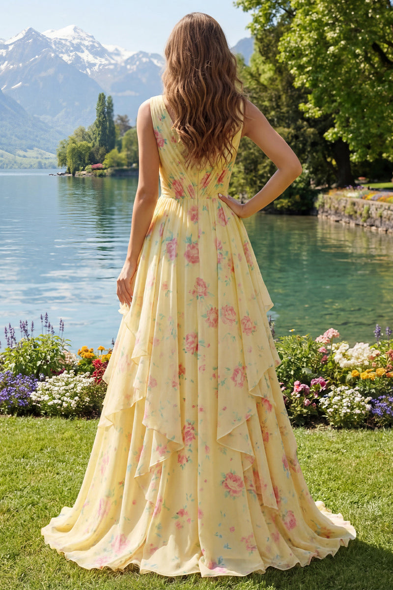 Laden Sie das Bild in den Galerie-Viewer, Gelbes Geblümtes V-Ausschnitt Langes Abschlussballkleid mit Rüschen und Schleife
