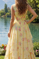 Laden Sie das Bild in den Galerie-Viewer, Gelbes Geblümtes V-Ausschnitt Langes Abschlussballkleid mit Rüschen und Schleife