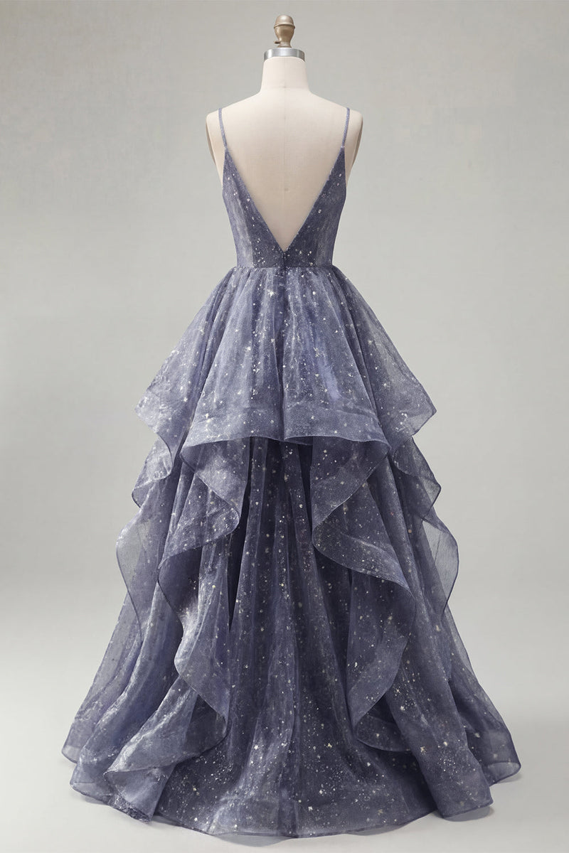 Laden Sie das Bild in den Galerie-Viewer, Spaghetti-Träger Langes Abschlussballkleid mit gestuftem Wasserfallrock