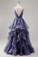 Laden Sie das Bild in den Galerie-Viewer, Spaghetti-Träger Langes Abschlussballkleid mit gestuftem Wasserfallrock
