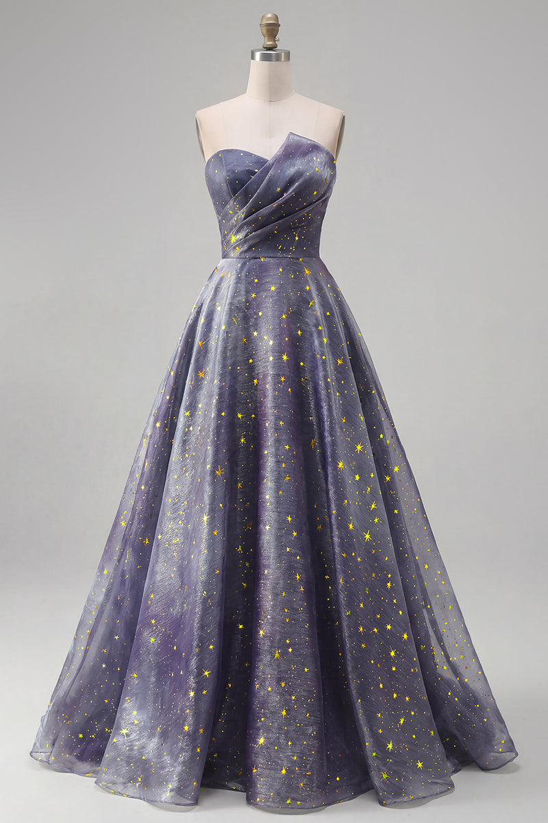Laden Sie das Bild in den Galerie-Viewer, Elegantes, sternenbesetztes langes Abschlussballkleid mit einem skulpturalen, gerafften Oberteil und einem A-Linien-Rock