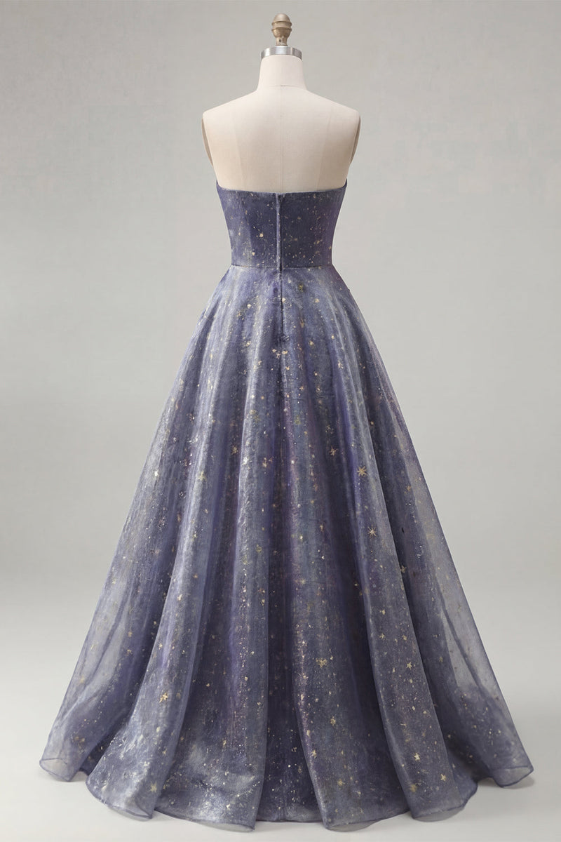 Laden Sie das Bild in den Galerie-Viewer, Elegantes, sternenbesetztes langes Abschlussballkleid mit einem skulpturalen, gerafften Oberteil und einem A-Linien-Rock