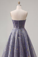 Laden Sie das Bild in den Galerie-Viewer, Elegantes, sternenbesetztes langes Abschlussballkleid mit einem skulpturalen, gerafften Oberteil und einem A-Linien-Rock