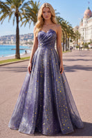 Laden Sie das Bild in den Galerie-Viewer, Elegantes, sternenbesetztes langes Abschlussballkleid mit einem skulpturalen, gerafften Oberteil und einem A-Linien-Rock