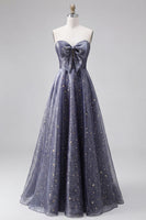 Laden Sie das Bild in den Galerie-Viewer, Celestial Midnight Enchanting Stary A-Line Sweetheart Langballkleid mit Schleife