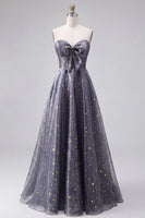 Laden Sie das Bild in den Galerie-Viewer, Celestial Midnight Enchanting Stary A-Line Sweetheart Langballkleid mit Schleife