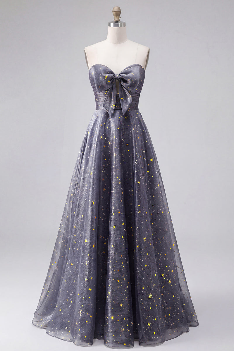 Laden Sie das Bild in den Galerie-Viewer, Celestial Midnight Enchanting Stary A-Line Sweetheart Langballkleid mit Schleife