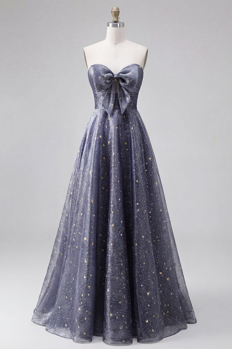 Laden Sie das Bild in den Galerie-Viewer, Celestial Midnight Enchanting Stary A-Line Sweetheart Langballkleid mit Schleife