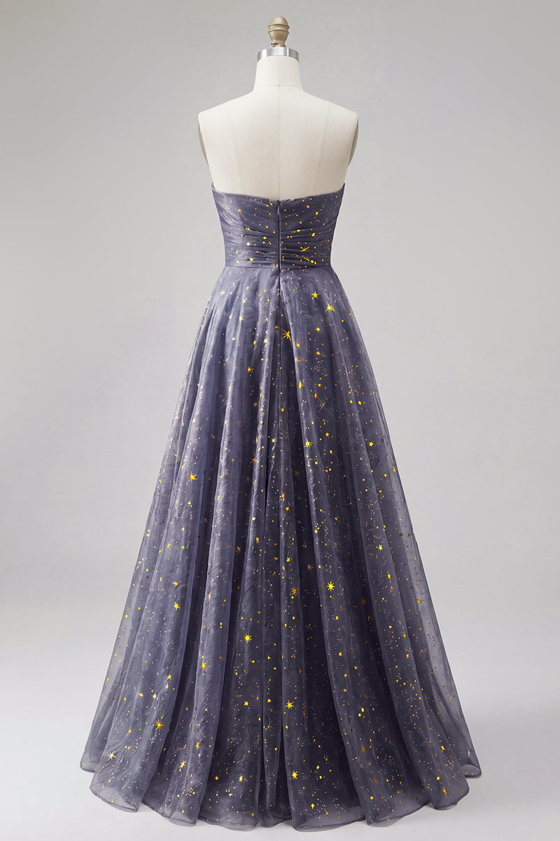 Laden Sie das Bild in den Galerie-Viewer, Celestial Midnight Enchanting Stary A-Line Sweetheart Langballkleid mit Schleife