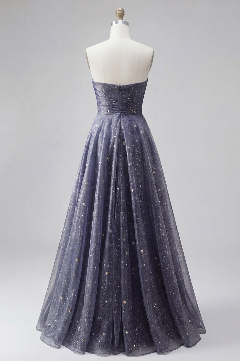Laden Sie das Bild in den Galerie-Viewer, Celestial Midnight Enchanting Stary A-Line Sweetheart Langballkleid mit Schleife