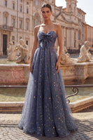 Laden Sie das Bild in den Galerie-Viewer, Celestial Midnight Enchanting Stary A-Line Sweetheart Langballkleid mit Schleife