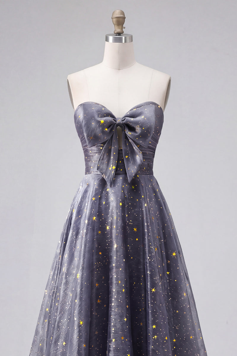 Laden Sie das Bild in den Galerie-Viewer, Celestial Midnight Enchanting Stary A-Line Sweetheart Langballkleid mit Schleife