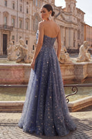 Laden Sie das Bild in den Galerie-Viewer, Celestial Midnight Enchanting Stary A-Line Sweetheart Langballkleid mit Schleife