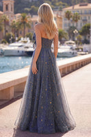 Laden Sie das Bild in den Galerie-Viewer, Celestial Midnight Enchanting Stary A-Line Sweetheart Langballkleid mit Schleife