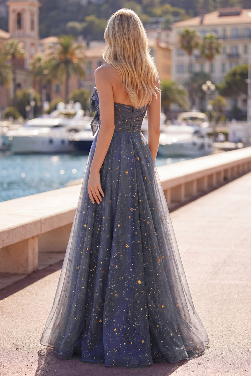 Laden Sie das Bild in den Galerie-Viewer, Celestial Midnight Enchanting Stary A-Line Sweetheart Langballkleid mit Schleife