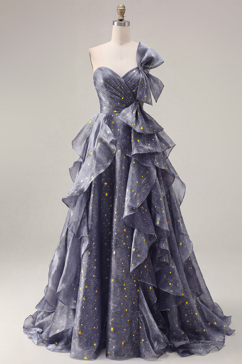 Laden Sie das Bild in den Galerie-Viewer, Sternennacht staubiges blaues einschulterlanges Abschlussballkleid mit übergroßer Schleife und herabfallenden Rüschen