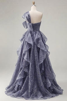 Sternennacht staubiges blaues einschulterlanges Abschlussballkleid mit übergroßer Schleife und herabfallenden Rüschen