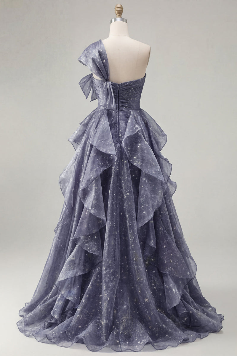 Laden Sie das Bild in den Galerie-Viewer, Sternennacht staubiges blaues einschulterlanges Abschlussballkleid mit übergroßer Schleife und herabfallenden Rüschen