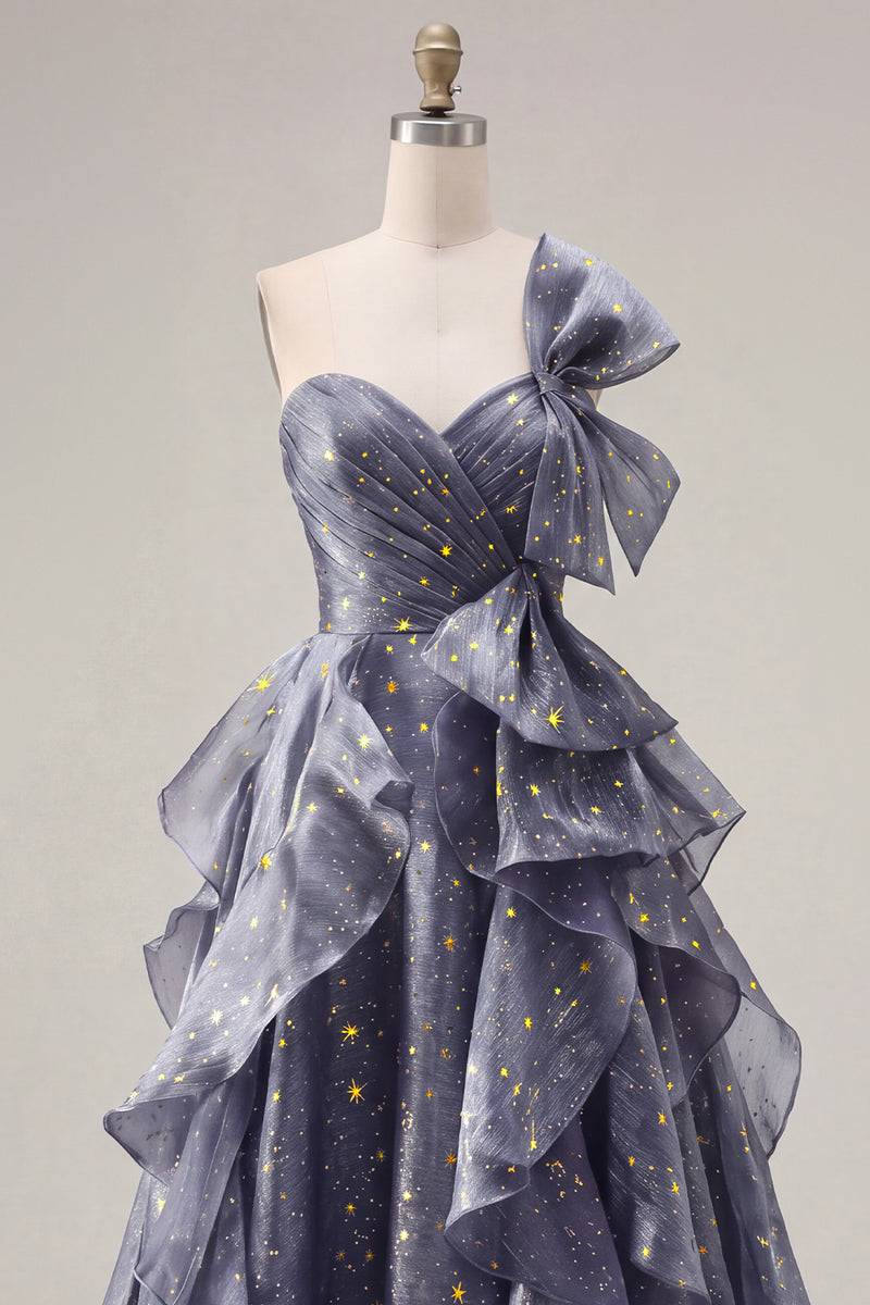 Laden Sie das Bild in den Galerie-Viewer, Sternennacht staubiges blaues einschulterlanges Abschlussballkleid mit übergroßer Schleife und herabfallenden Rüschen
