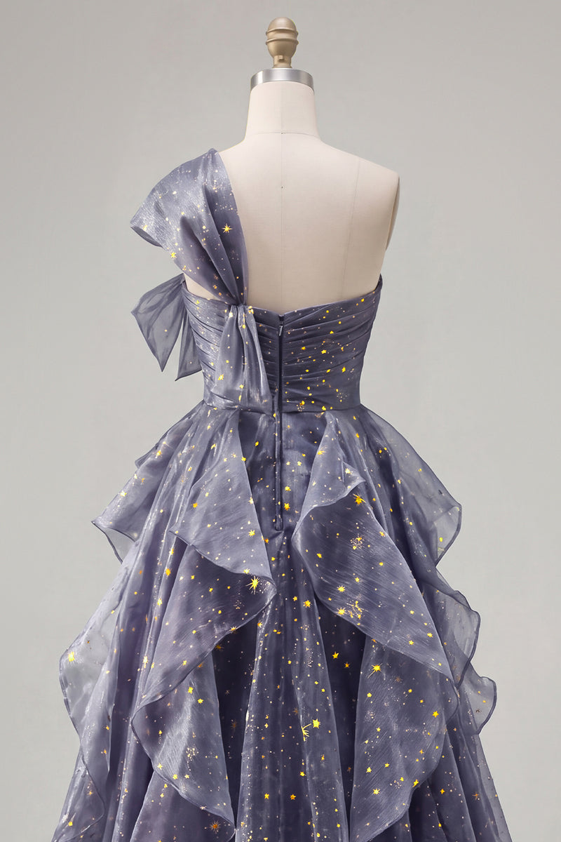 Laden Sie das Bild in den Galerie-Viewer, Sternennacht staubiges blaues einschulterlanges Abschlussballkleid mit übergroßer Schleife und herabfallenden Rüschen