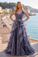 Laden Sie das Bild in den Galerie-Viewer, Sternennacht staubiges blaues einschulterlanges Abschlussballkleid mit übergroßer Schleife und herabfallenden Rüschen