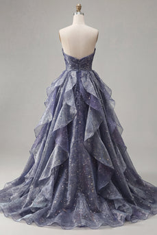 Sternennacht staubiges blaues, trägerloses Langballkleid mit gerafftem Oberteil und herabfallenden Rüschen