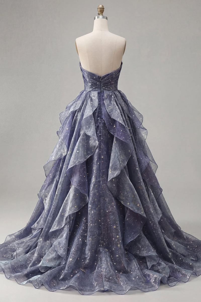 Laden Sie das Bild in den Galerie-Viewer, Sternennacht staubiges blaues, trägerloses Langballkleid mit gerafftem Oberteil und herabfallenden Rüschen