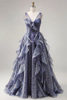 Laden Sie das Bild in den Galerie-Viewer, Elegantes V-Ausschnitt-Tüll-Sternenhimmel-Staubblaues Abschlussballkleid mit gestuften Rüschen