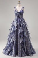 Laden Sie das Bild in den Galerie-Viewer, Elegantes V-Ausschnitt-Tüll-Sternenhimmel-Staubblaues Abschlussballkleid mit gestuften Rüschen