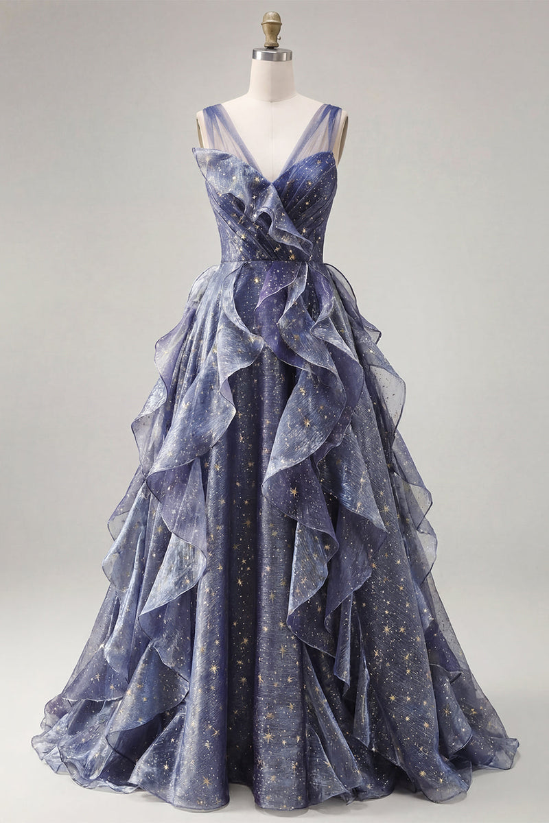 Laden Sie das Bild in den Galerie-Viewer, Elegantes V-Ausschnitt-Tüll-Sternenhimmel-Staubblaues Abschlussballkleid mit gestuften Rüschen