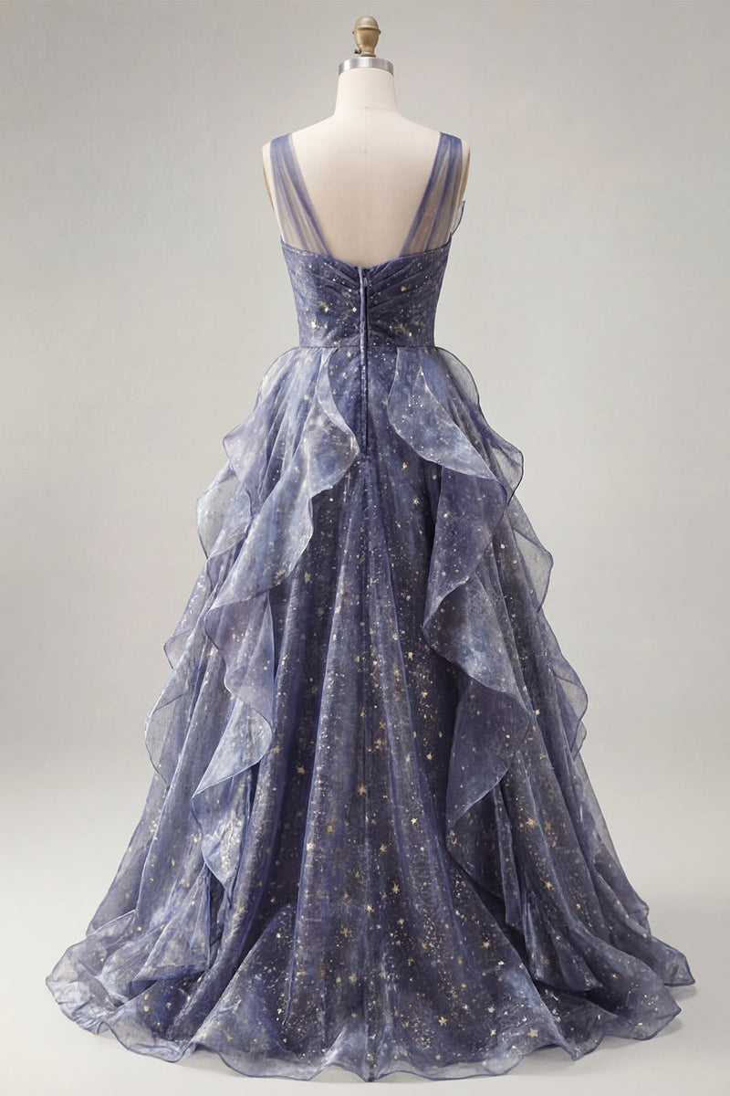 Laden Sie das Bild in den Galerie-Viewer, Elegantes V-Ausschnitt-Tüll-Sternenhimmel-Staubblaues Abschlussballkleid mit gestuften Rüschen
