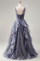 Laden Sie das Bild in den Galerie-Viewer, Elegantes V-Ausschnitt-Tüll-Sternenhimmel-Staubblaues Abschlussballkleid mit gestuften Rüschen