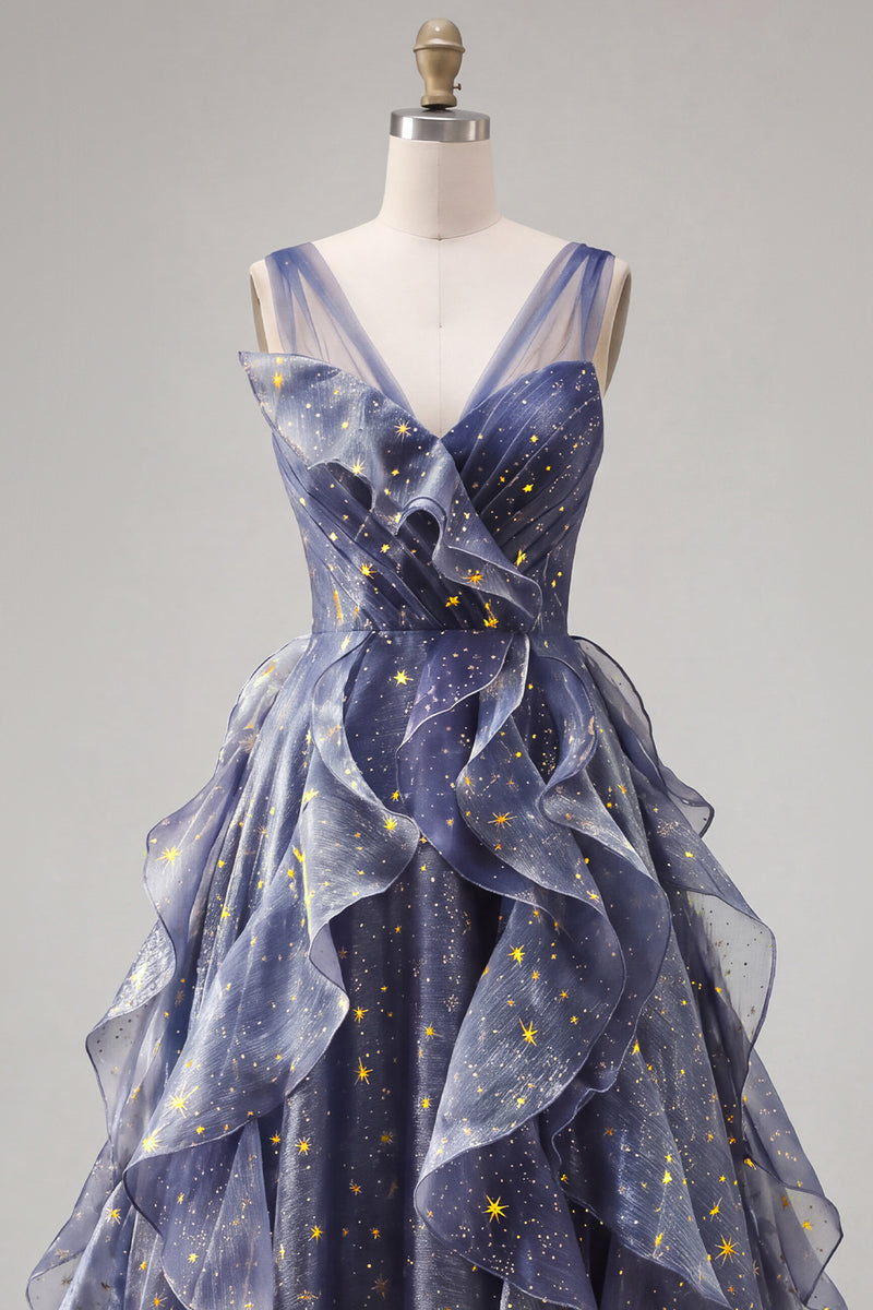 Laden Sie das Bild in den Galerie-Viewer, Elegantes V-Ausschnitt-Tüll-Sternenhimmel-Staubblaues Abschlussballkleid mit gestuften Rüschen