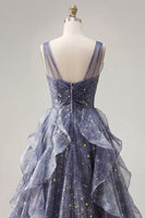 Laden Sie das Bild in den Galerie-Viewer, Elegantes V-Ausschnitt-Tüll-Sternenhimmel-Staubblaues Abschlussballkleid mit gestuften Rüschen