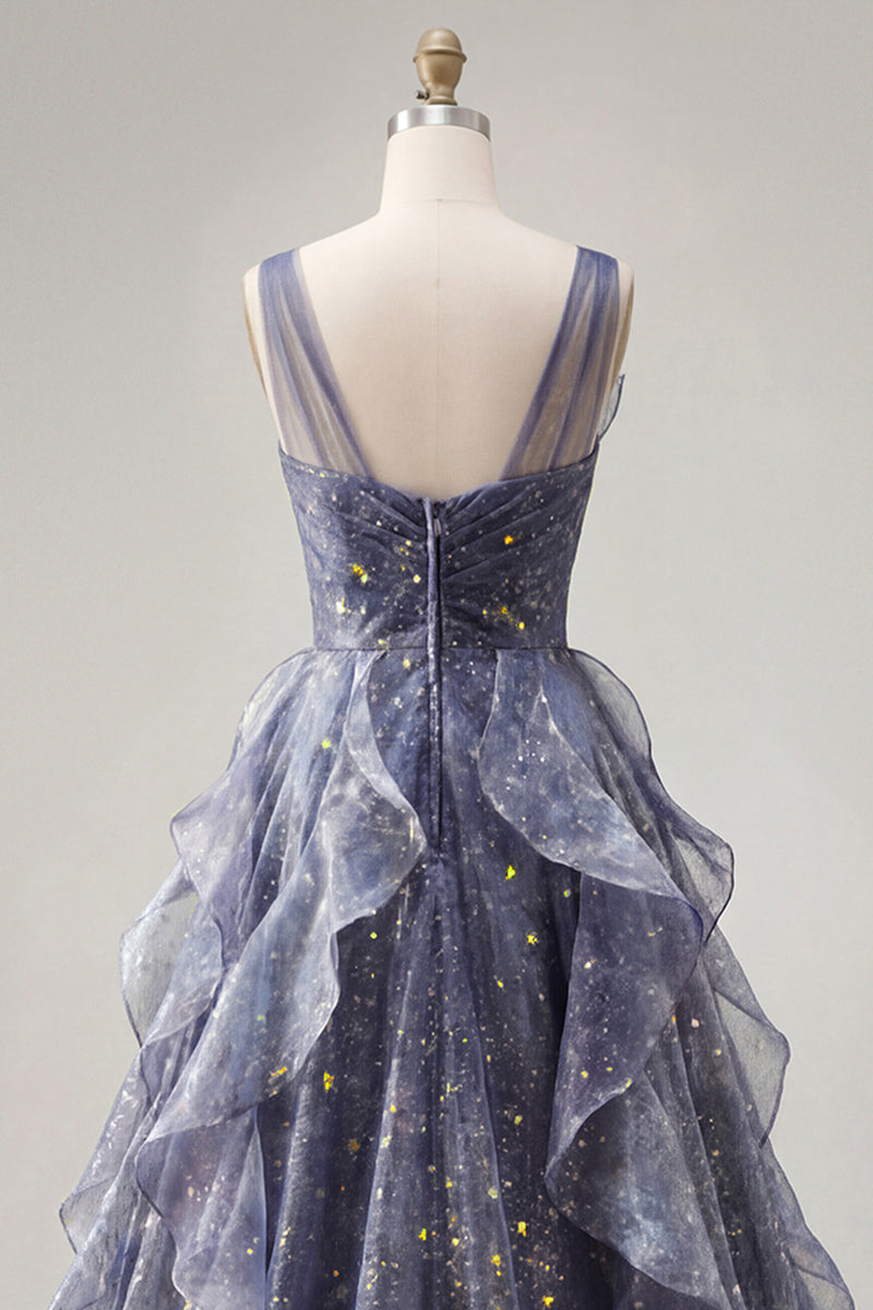 Laden Sie das Bild in den Galerie-Viewer, Elegantes V-Ausschnitt-Tüll-Sternenhimmel-Staubblaues Abschlussballkleid mit gestuften Rüschen