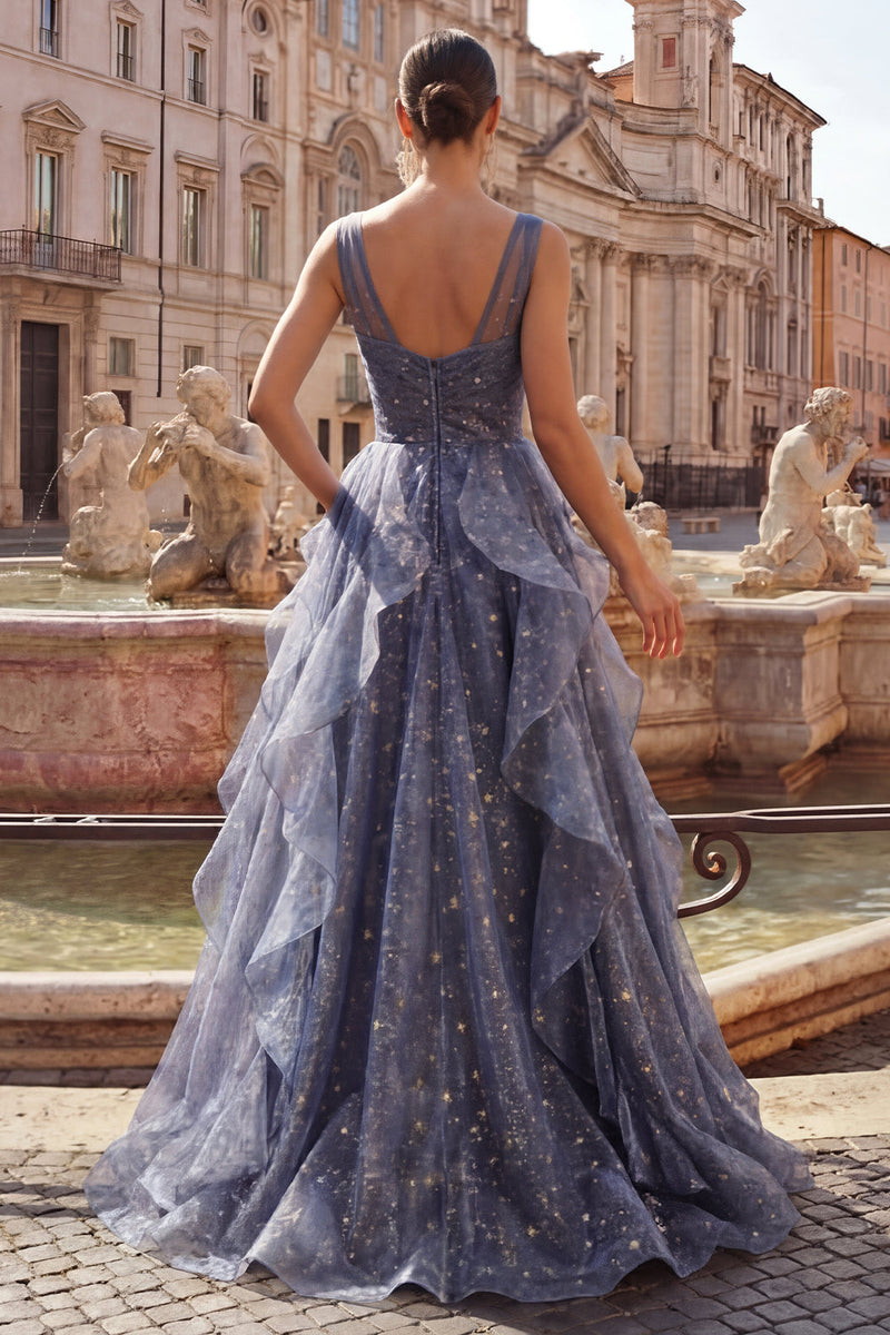 Laden Sie das Bild in den Galerie-Viewer, Elegantes V-Ausschnitt-Tüll-Sternenhimmel-Staubblaues Abschlussballkleid mit gestuften Rüschen