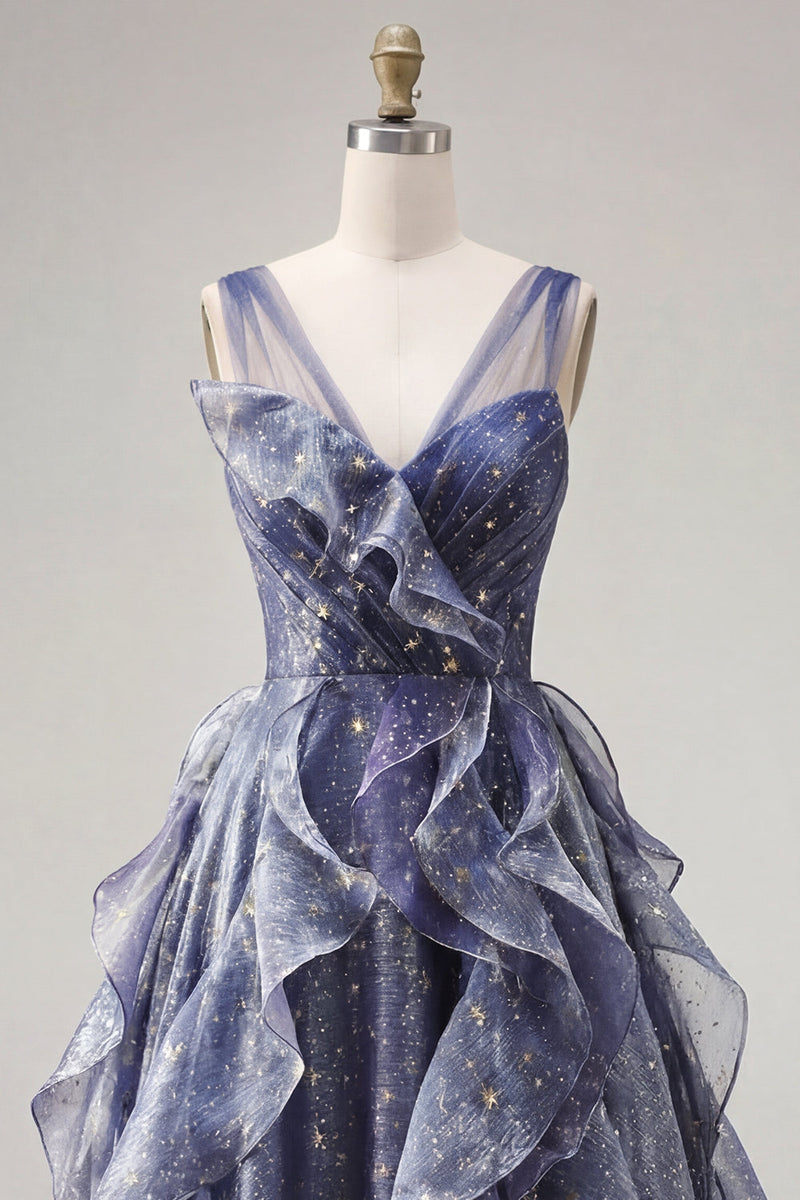 Laden Sie das Bild in den Galerie-Viewer, Elegantes V-Ausschnitt-Tüll-Sternenhimmel-Staubblaues Abschlussballkleid mit gestuften Rüschen