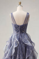 Laden Sie das Bild in den Galerie-Viewer, Elegantes V-Ausschnitt-Tüll-Sternenhimmel-Staubblaues Abschlussballkleid mit gestuften Rüschen
