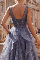 Laden Sie das Bild in den Galerie-Viewer, Elegantes V-Ausschnitt-Tüll-Sternenhimmel-Staubblaues Abschlussballkleid mit gestuften Rüschen