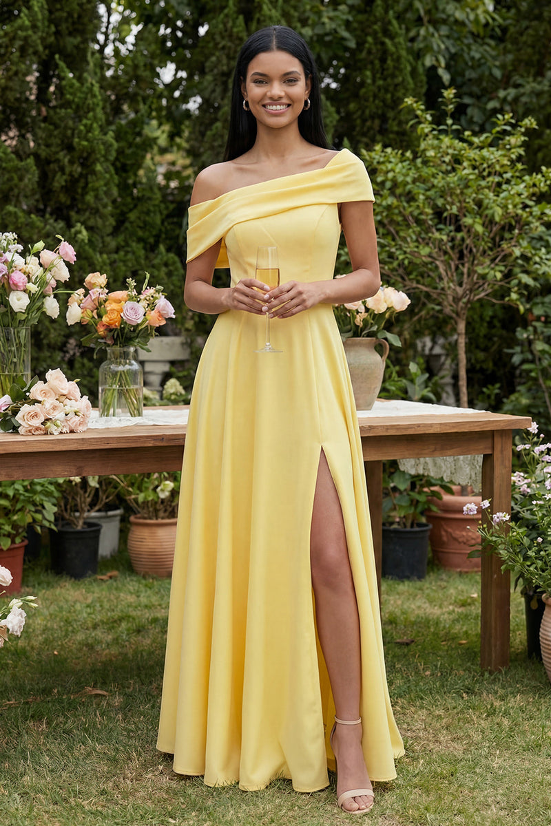 Laden Sie das Bild in den Galerie-Viewer, Gelbes A-Linien-Maxikleid mit einschultern und Schlitz