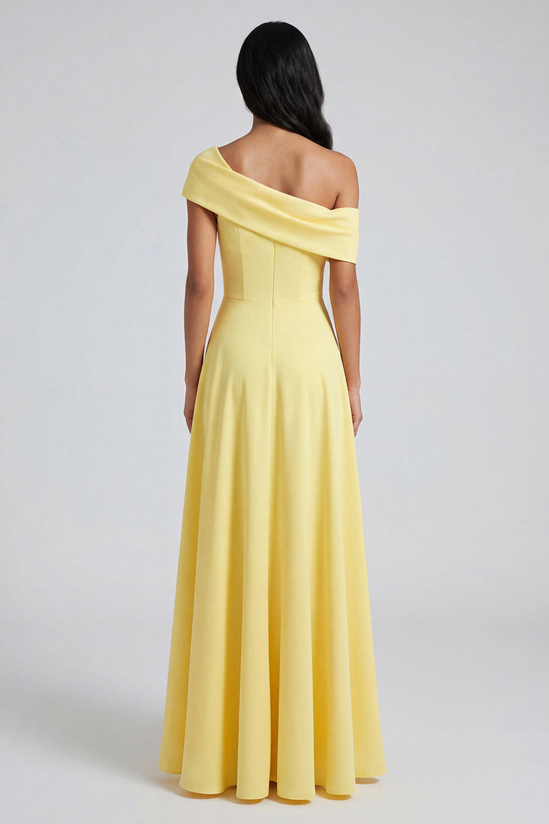 Laden Sie das Bild in den Galerie-Viewer, Gelbes A-Linien-Maxikleid mit einschultern und Schlitz