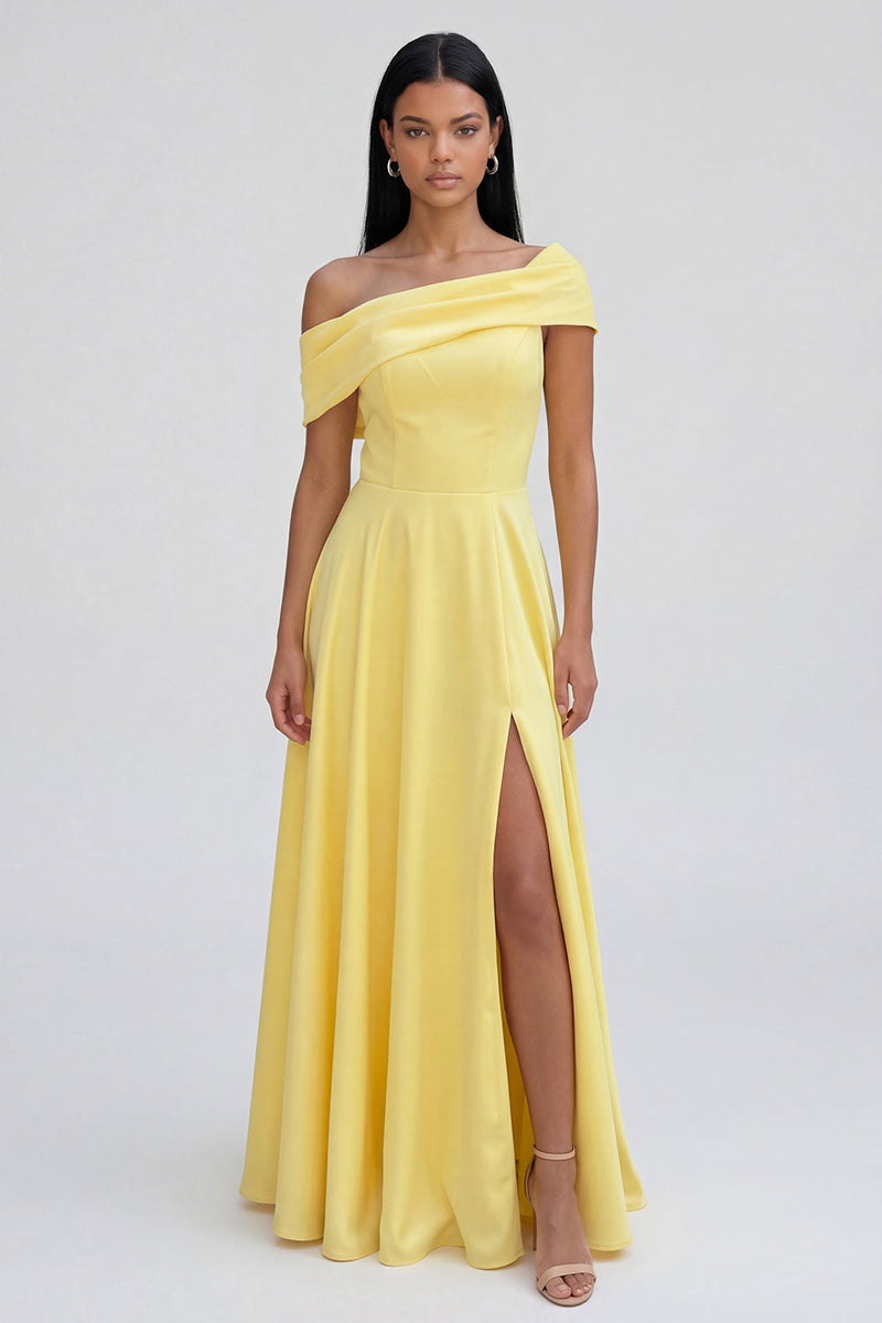 Laden Sie das Bild in den Galerie-Viewer, Gelbes A-Linien-Maxikleid mit einschultern und Schlitz